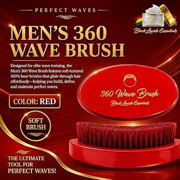 360 Wave Brush Build Deeper Wave Soft & Hard Boar Hair Curve Brush Medium Hard, Red