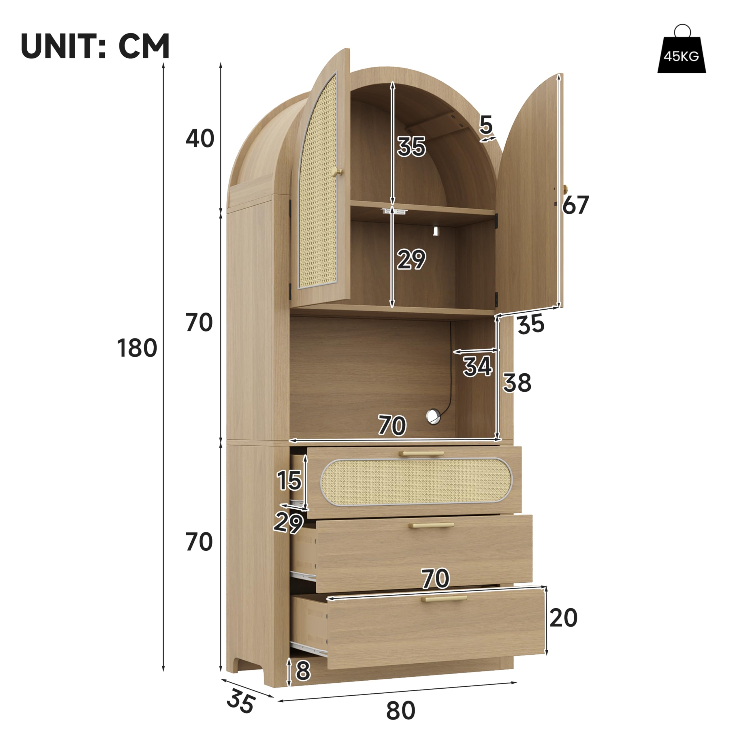 Azkoeesy Librería Curva Vitrina Alta 80x35x180cm con LED y Control App, 3 cajones y puertas con tiradores dorados, color roble claro + acabado ratán, moderno para salón y pasillo