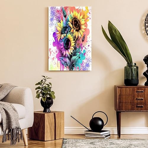 Miniatura 4 de GUBIYU Decoración de baño, lienzo de girasol, arte para pared, acuarela, mariposa, flores, pintura floral, amarillo, rosa, morado, verde azulado,