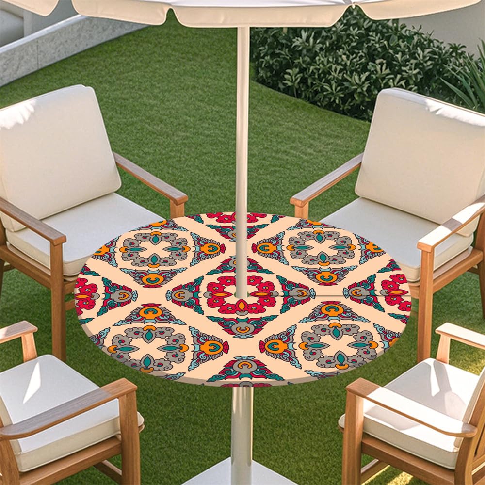 Surwin Outdoor Round Tablecloth with Parasol Umbrella Hole Zipper Bohemia, Elastic Edge Fitted Protector Round Table Cloth Waterproof Table Cover for Garden BBQ Party (Ethnic Style,M(91-112cm)