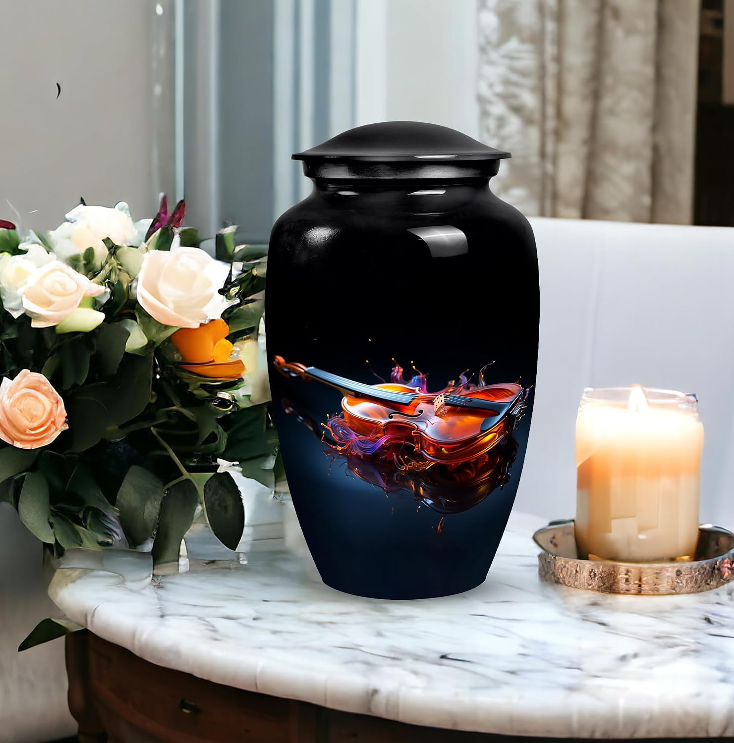 Fiery Violin Melody Urn for Ashes - Adult Male Cremation Urn - Large 10Inch Remembrance Gift