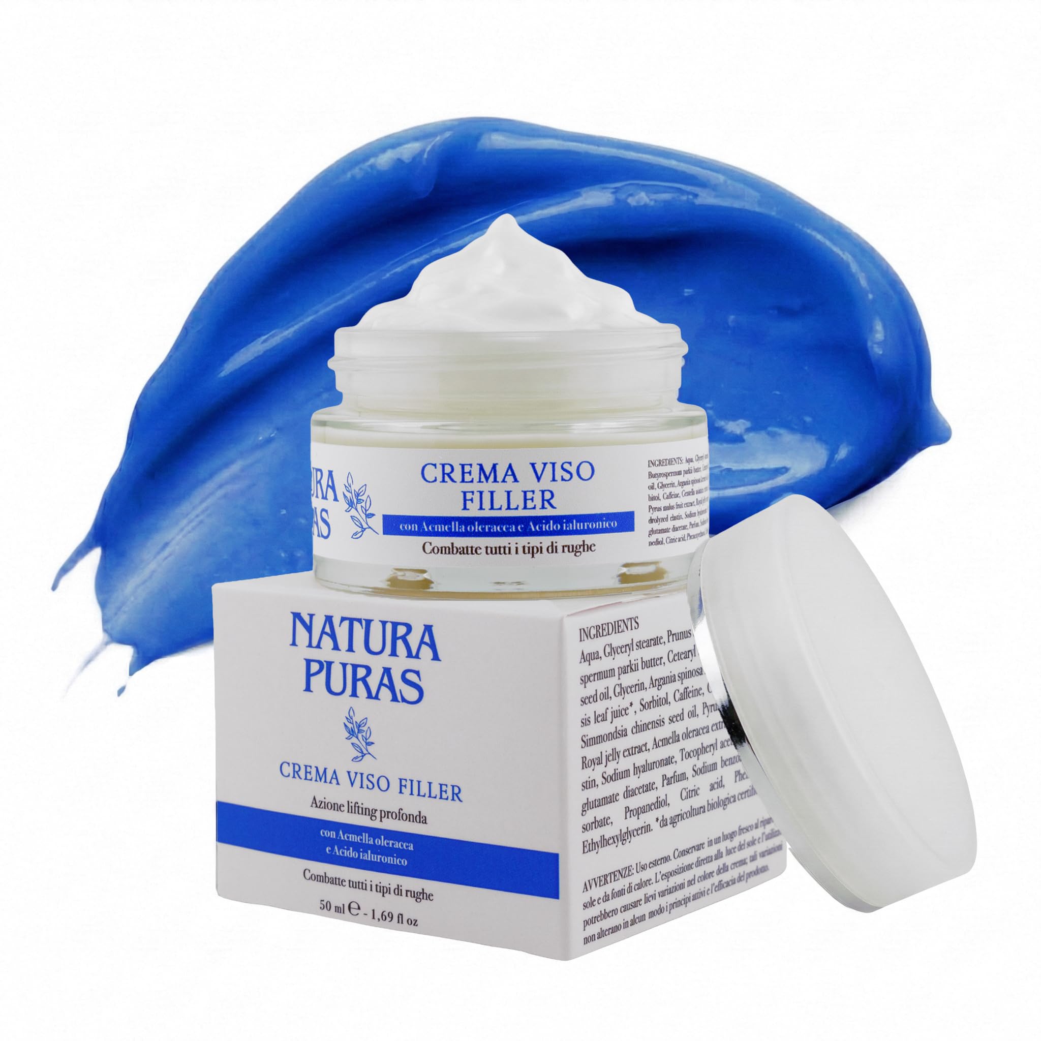 Antifalten-Gesichtscreme mit EXTRA STARKEM Filler- und Sofort-Lifting-Effekt – 3-fache Hyaluronsäure, Acmella Oleracea, Gelée Royale und Koffein – Aufgepolsterte und glatte Haut – NaturaPuras 50 ml