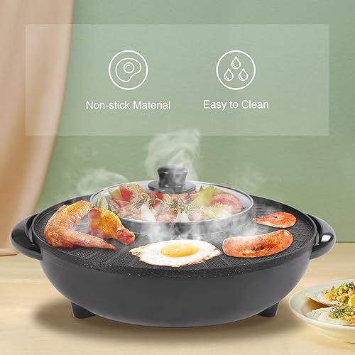 Miniatura 3 de Parrilla circular 2 en 1 de 110 V, 1350 W, combo de olla eléctrica redonda para freír en interiores, sin humo, antiadherente, barbacoa, divisor de