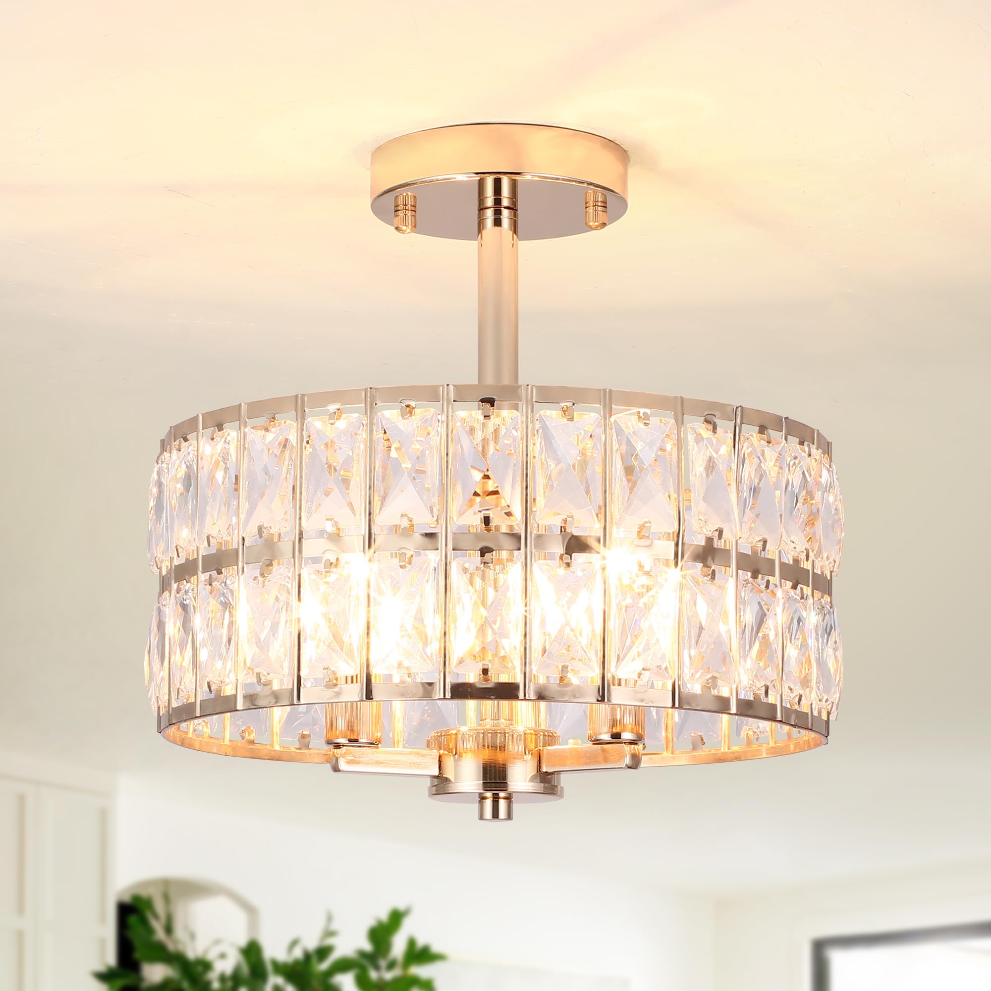 Gold Brass Ceiling Light, 3-Light Crystal Ceiling Lights Living Room, E14 Modern Crystal Chandelier, Semi Flush Mount Chandeliers Ceiling Light for Hallway, Bedroom, Lounge, Kitchen, Dining Room