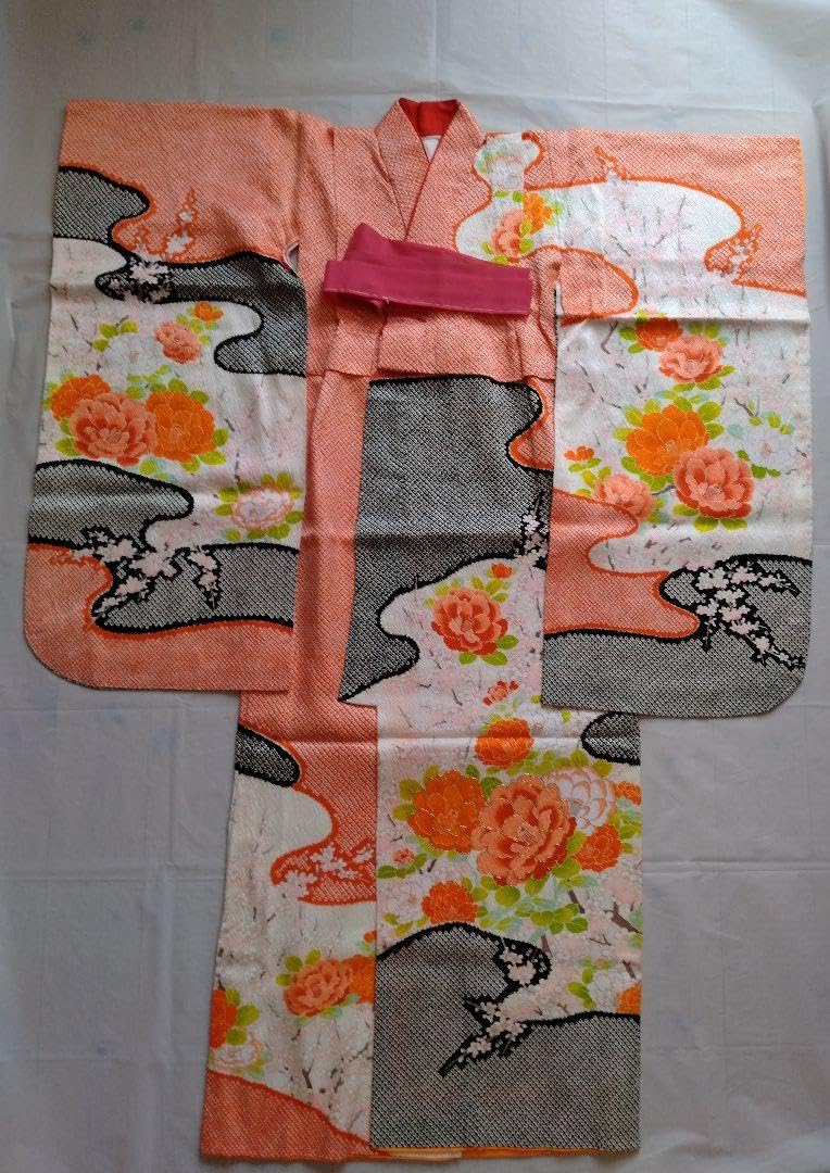 七五三　七歳　着物　女の子　セット　アンティーク　レトロ 七五三 着物 レンタル 7歳 女の子 【赤黒金万寿菊】 7歳 七五三 着物