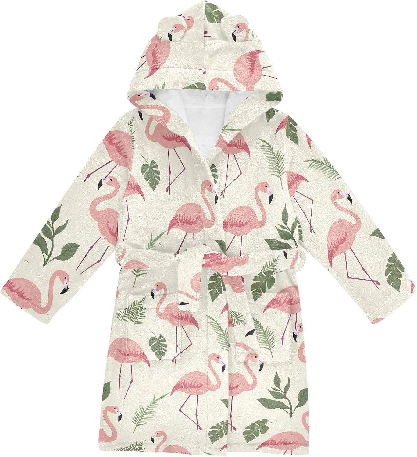 Flamingo Palm Leaves Simple Pattern Toddler Hooded Bathrobe for Boys Girls Soft Plush Bath Towel Robe 2-12 Years