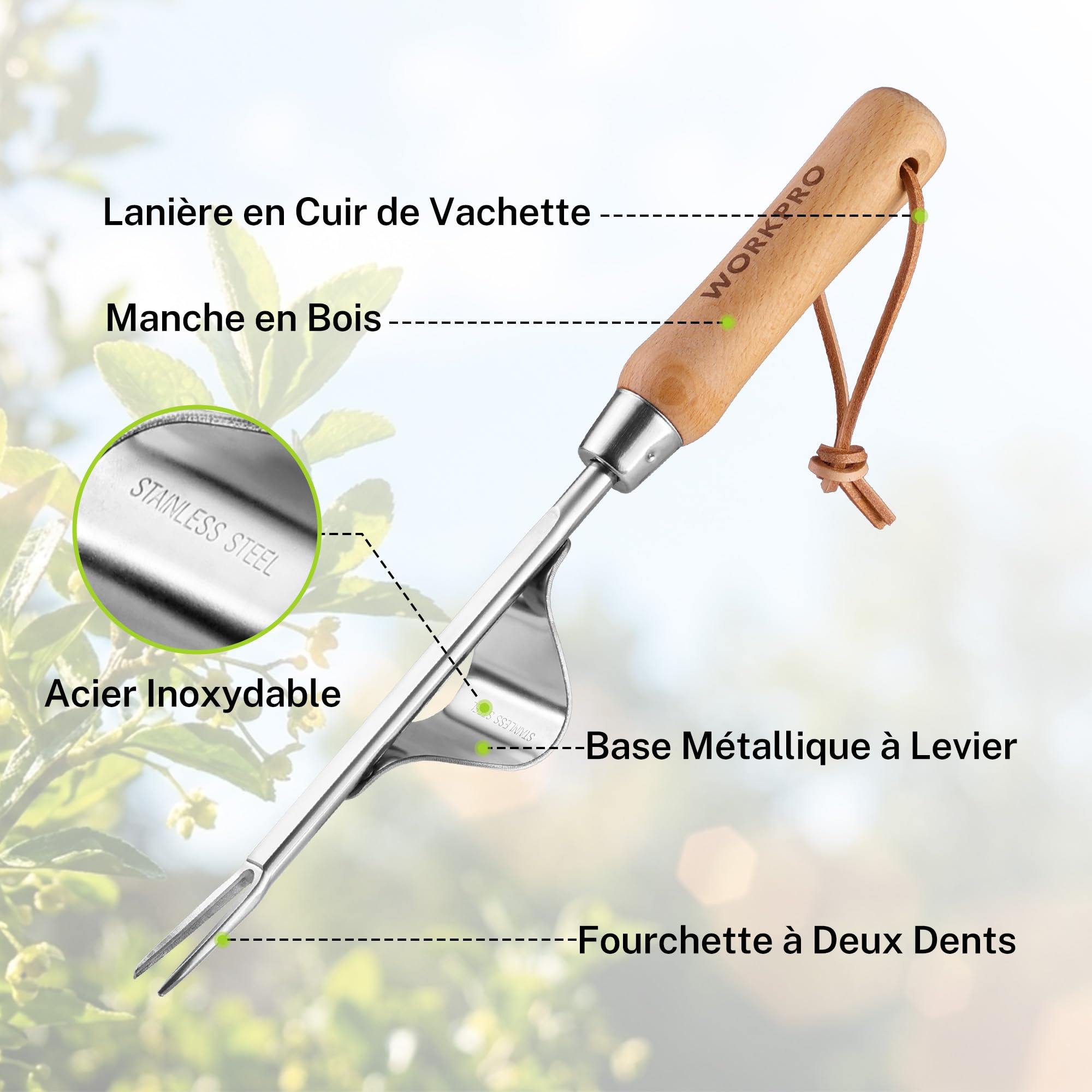 WORKPRO Désherbeur Manuel en Acier Inoxydable, Extracteur de Racines à Double Dent avec Base à Levier, Outil de Jardin pour Enlever les Mauvaises Herbes - 3