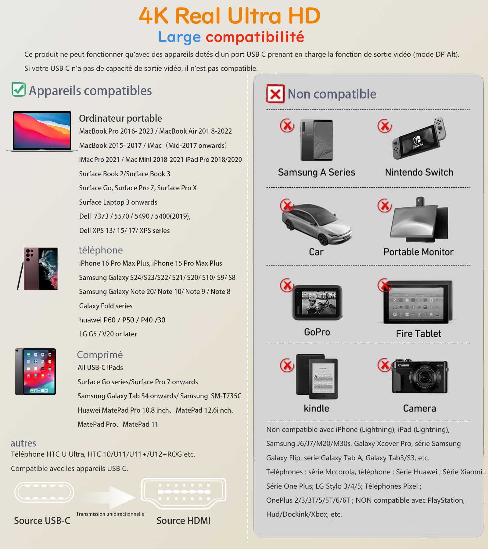 Adaptateur USB C vers HDMI 4K UHD, Câble HDMI USB C 3M, Compatible Thunderbolt 3/4