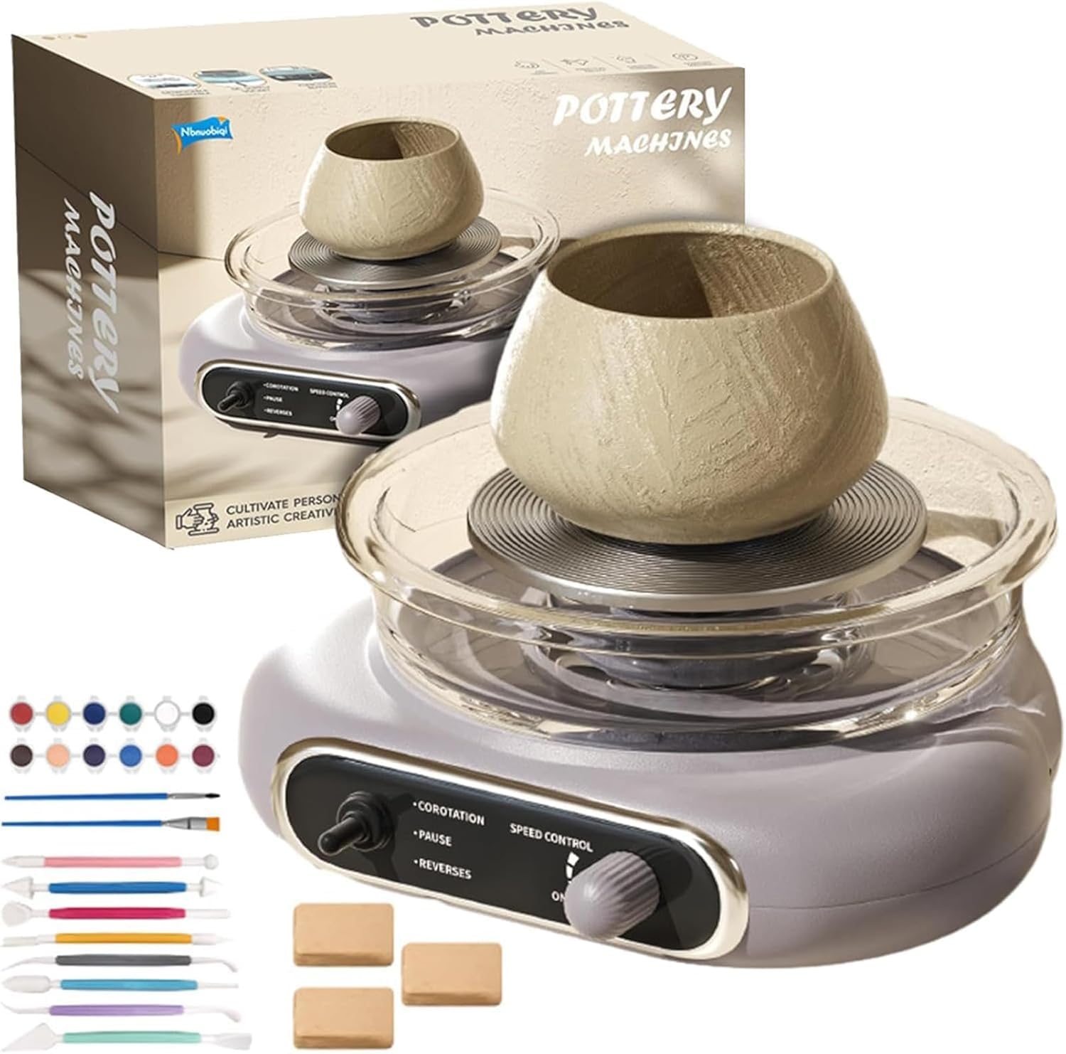 Elektrische Mini-Töpferscheibe für Anfänger - Stufenlos verstellbar mit Fußpedal, abnehmbarem Design & komplettem Set. Inkl. Werkzeugen für DIY-Keramik, Kinder & Erwachsene,Gray
