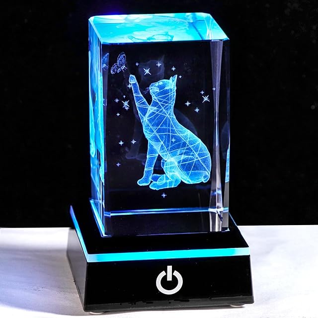 Crystal Plaque Engraved 3D Lovely Cat and Butterfly Figurine Statue with LED Base Cat Themed Gifts for Cat Lovers Cats Ornaments for Desktop Birthday Gifts for Friends Women