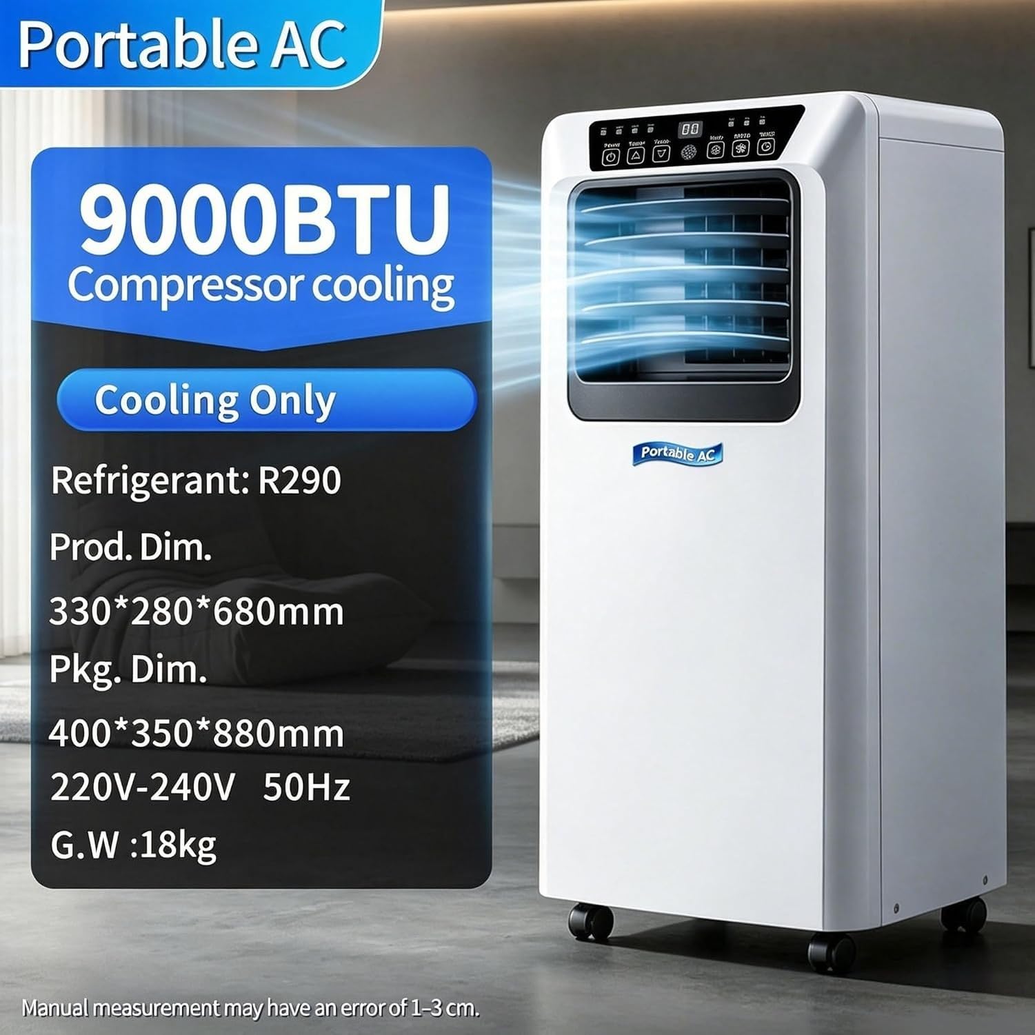 Condizionatore d'Aria Portatile 3-in-1 Ventilatore deumidificatore con Timer 24H Display Digitale Telecomando Kit Tubo Finestra Senza Installazione AC da Viaggi, 9000btu