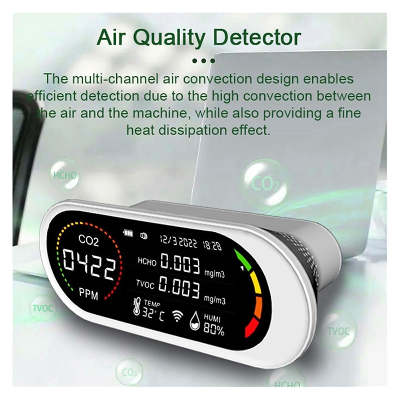 Misuratore Qualità dell'aria, Rilevatore di qualità 'aria 5 in 1 TVOC HCHO Misuratore di CO2 Anidride carbonica Test di umidità a temperatura Monitor a qualità 'aria per Casa Cucina Ufficio Auto
