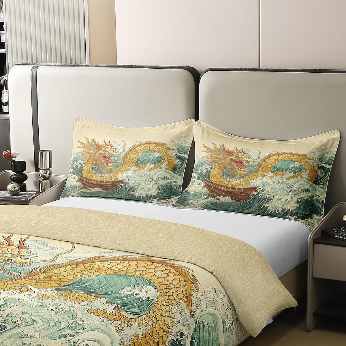 Erosebridal Gold Dragon 100% Cotton Duvet Cover Full Size for Kids Boys Teens Chinese Style Dragon Bedding Set Retro Asian Theme Comforter Cover Boat Ocean Wave Breathable 3D Print Wildlife Animal