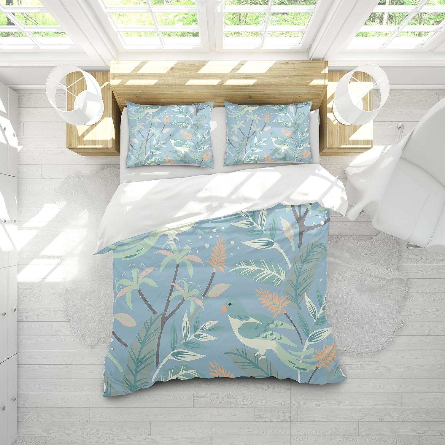 Birds Leaves Printed Duvet Cover Set Full Size Green Plant Bedding Set for Kids Girls Teens Bedroom Comforter Cover 160x220cm /80x80cmx2