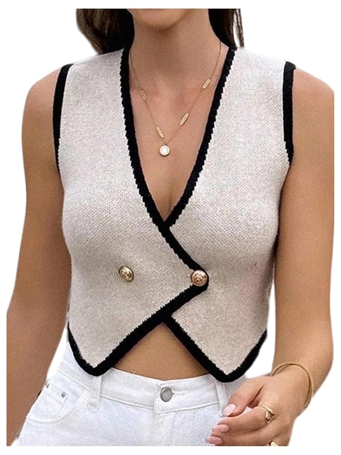 SHENHE Womens Sweater Vest Deep V Neck Sleeveless Button Wrap Crop Vest Business Casual Top