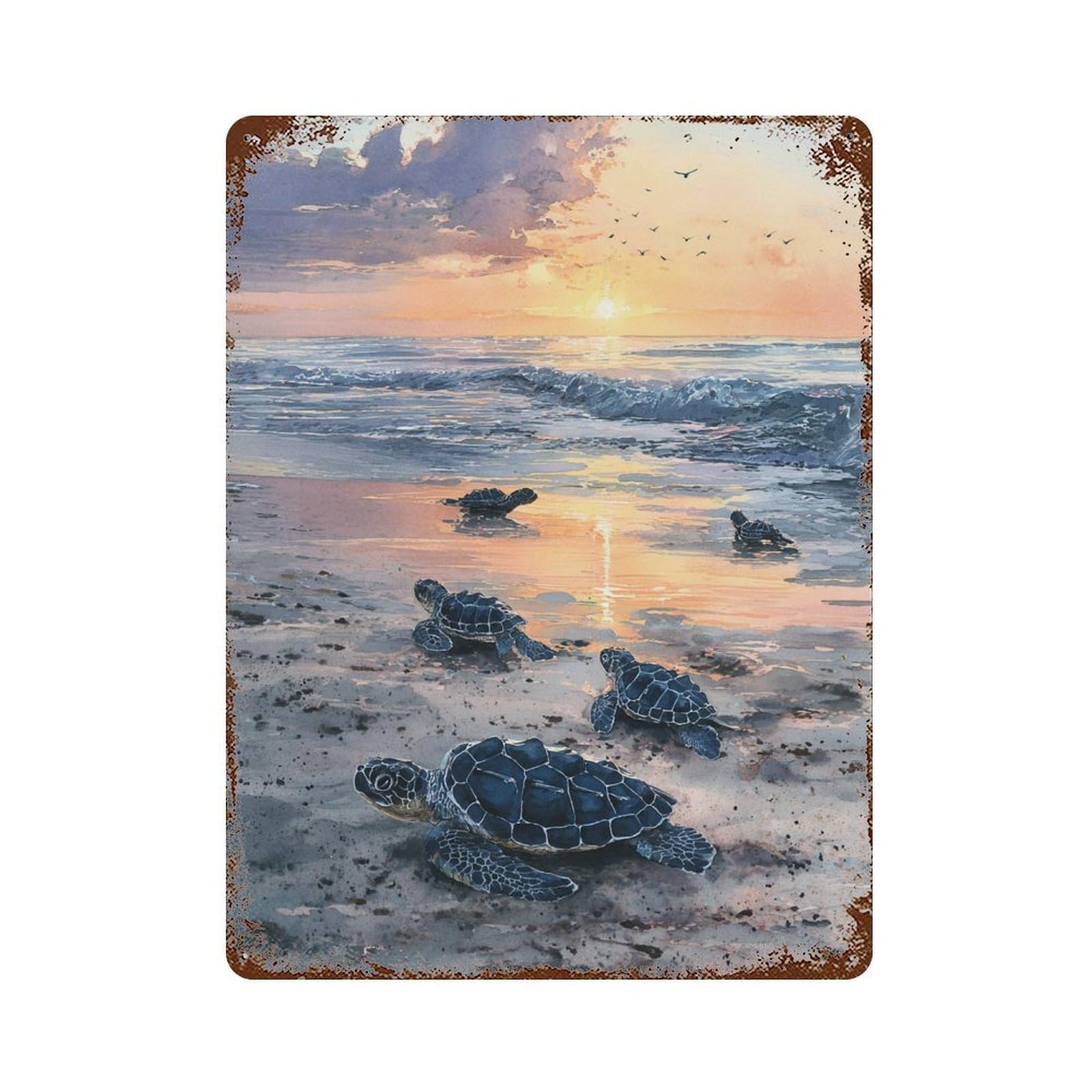Vintage Rust Metal Sign Baby Turtles Sunset Beach 15.7"x11.8", Novelty Wall Decor for Garage, Bar And Workshop Decor