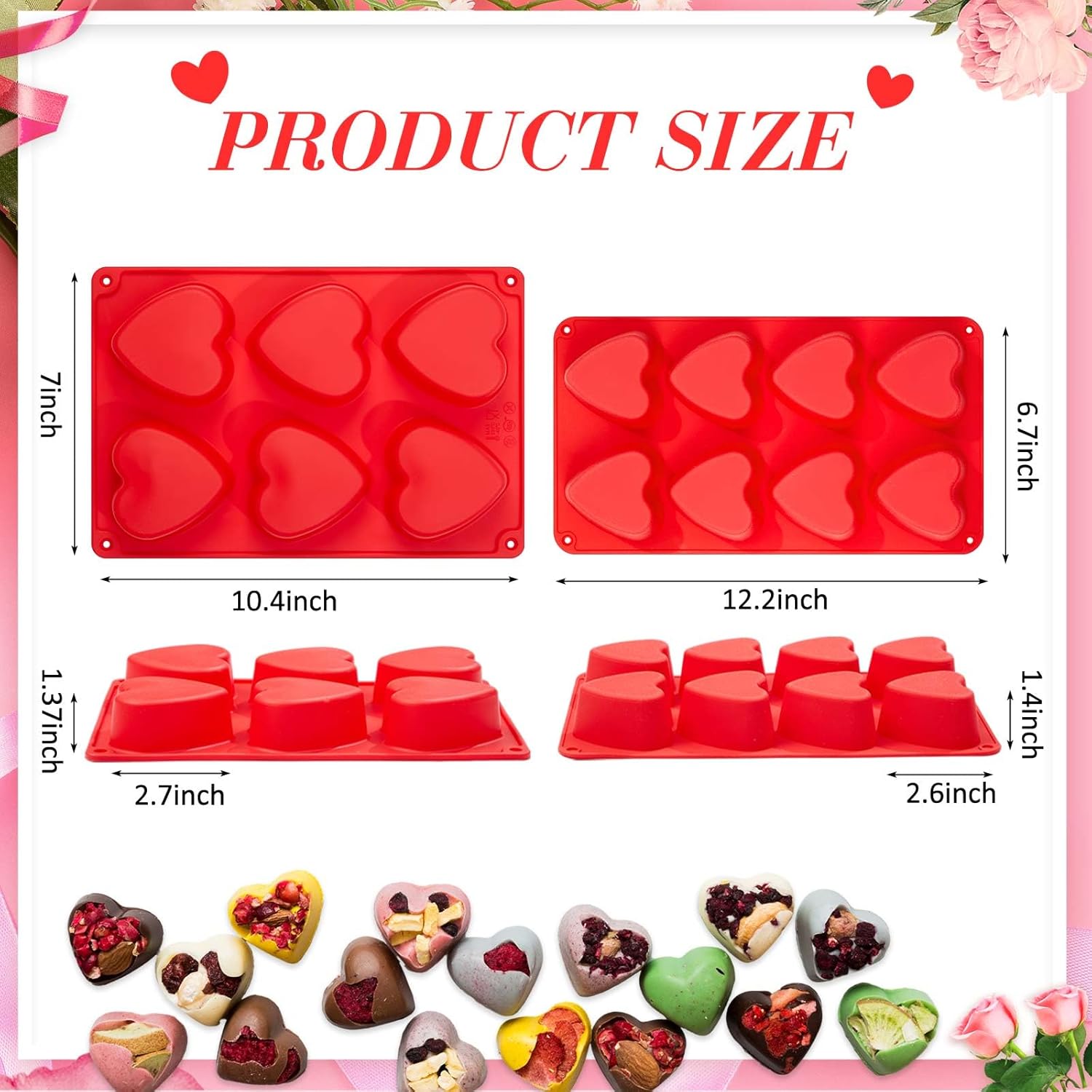 4 Pcs Heart Shaped Silicone Mold for Baking Chocolate Jelly Pudding Valentine Cupcake Pans 8 Grid 6 Grid Silicone Molds for Brownie Cupcake Cookies Candy Ice Cube Soap - Image 2