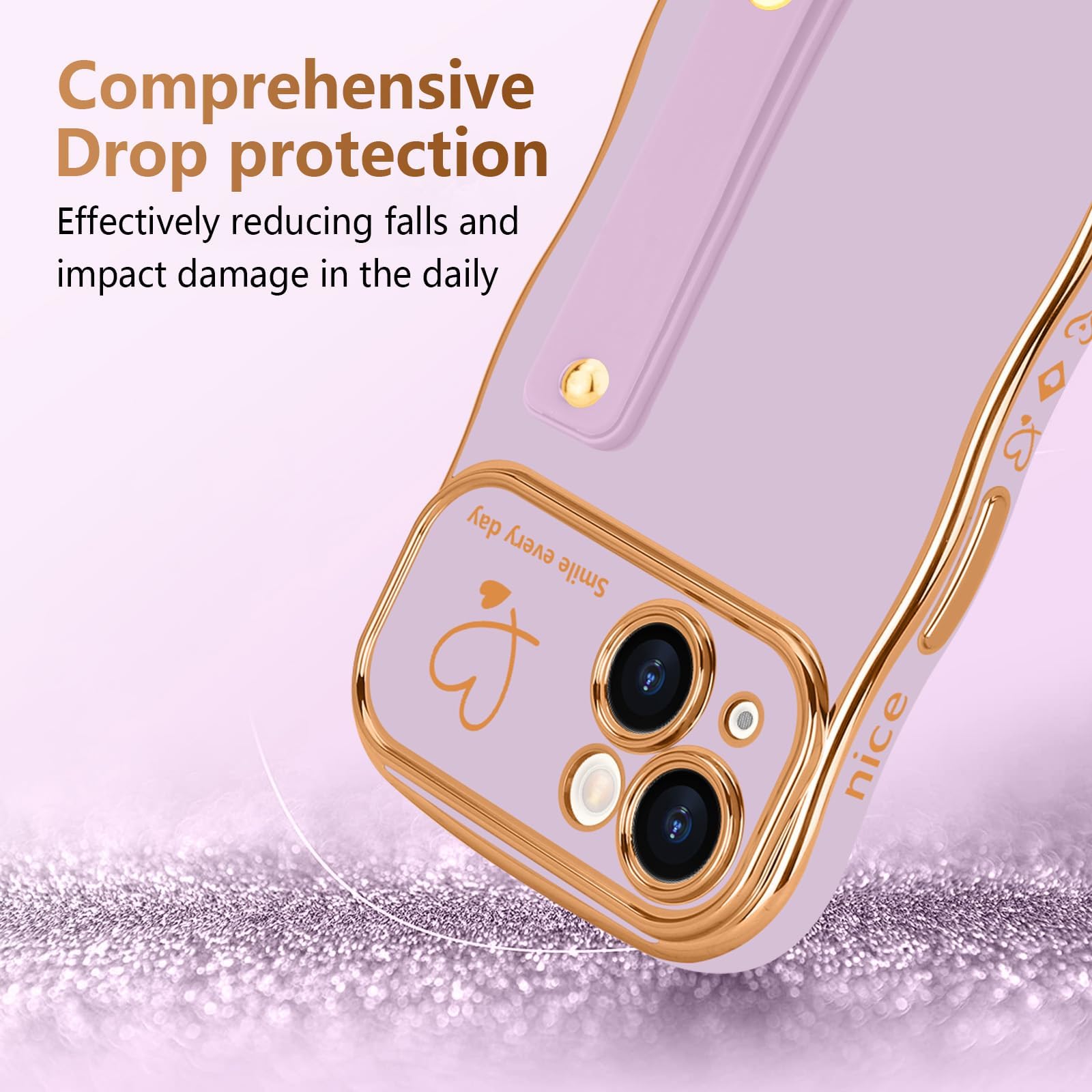 Handyhülle Für IPhone 15 Pro – Mit Lockigem Wellen-Design, Armband & Kameraschutz In Dunkellila!