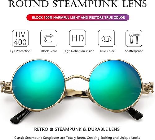 Miniatura 7 de AIEYEZO Round Steampunk Sunglasses for Men Women Retro Gothic Sun Glasses Round Metal Frame Ladies Shades