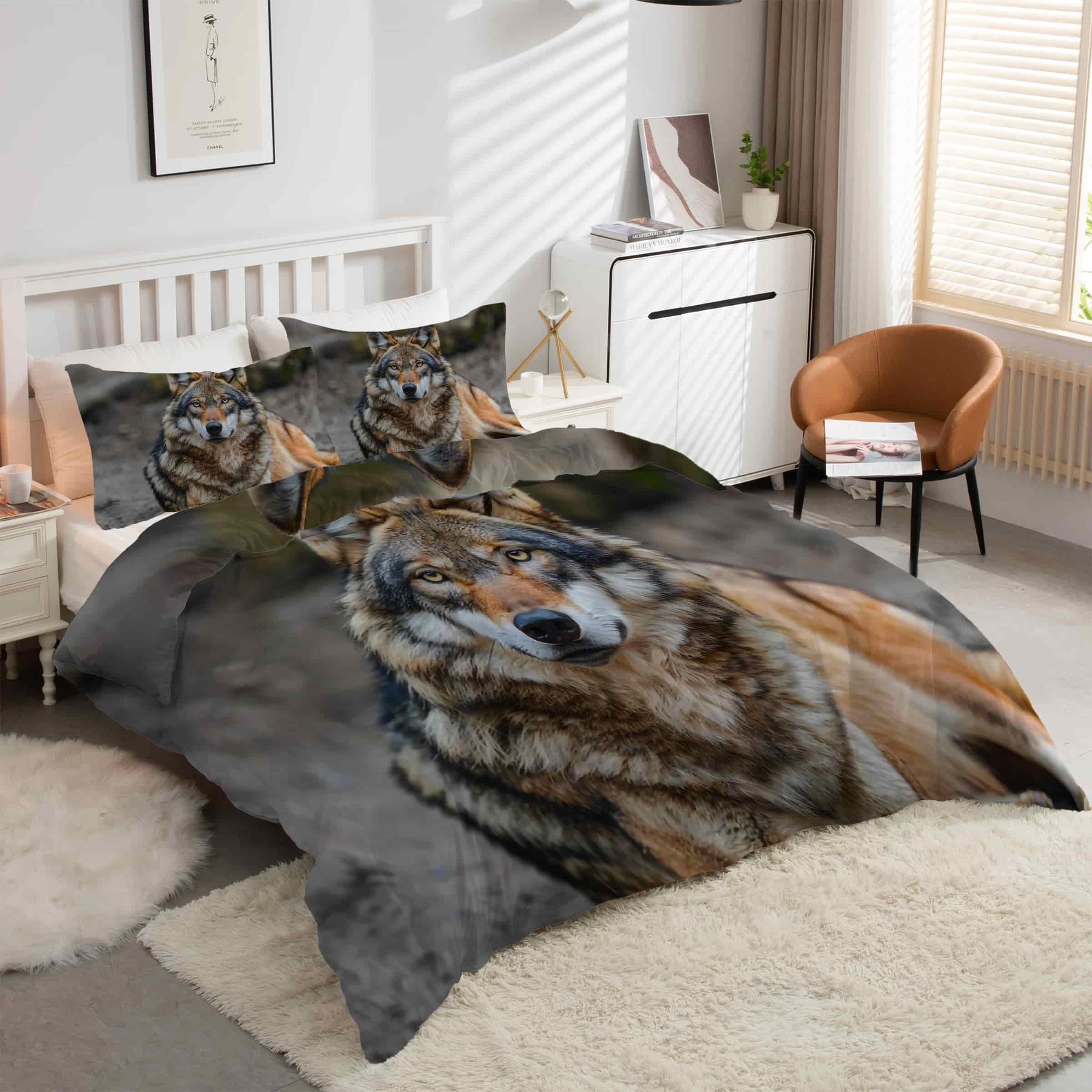 Housse de couette loup 200x200 animaux sauvages parure de lit microfire kK4642