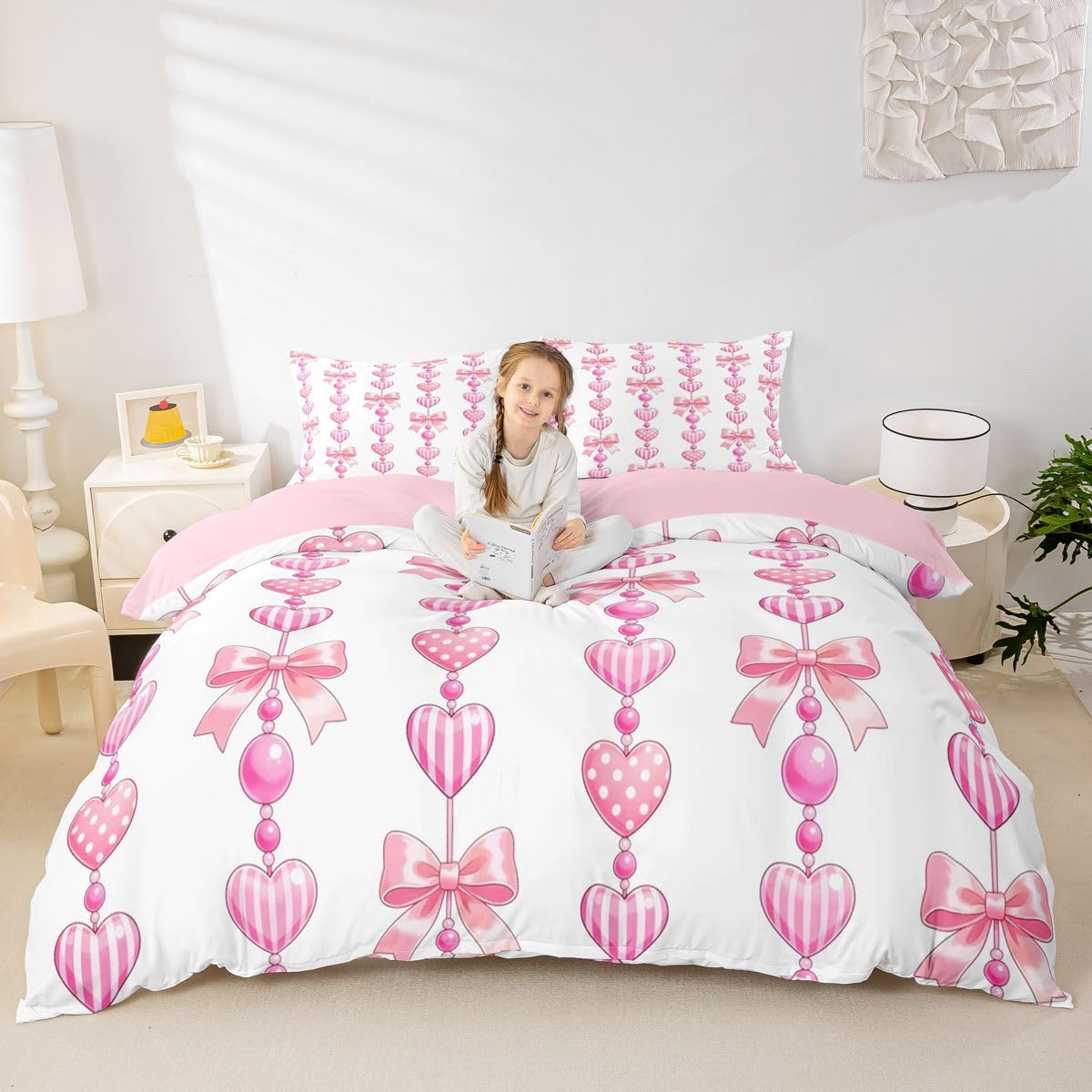 Homewish Kokarda w paski kropki dziewczęcy różowy super king zestaw pościeli księżniczka kawaii kokardka poszewka na kołdrę wstążka poszewka na kołdrę geometryczne marzycielskie urocze
