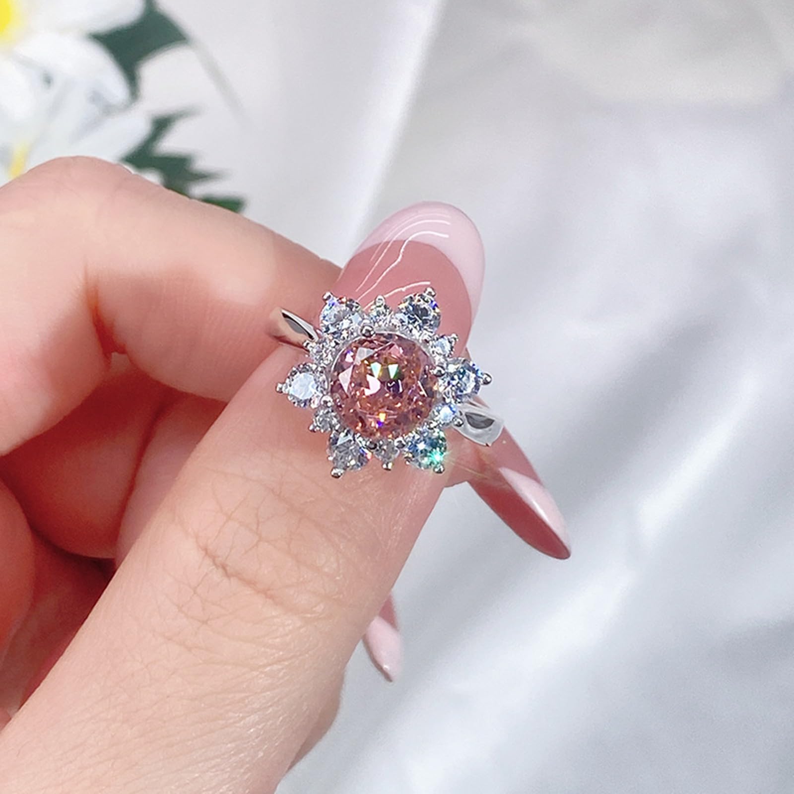 Anelli Nuziali, Oro Bianco/Platino 950 9K/14K/18K Anello con Fiore e Zaffiro Padparadscha Rotondo da 2 carati Creato in Laboratorio con moissanite