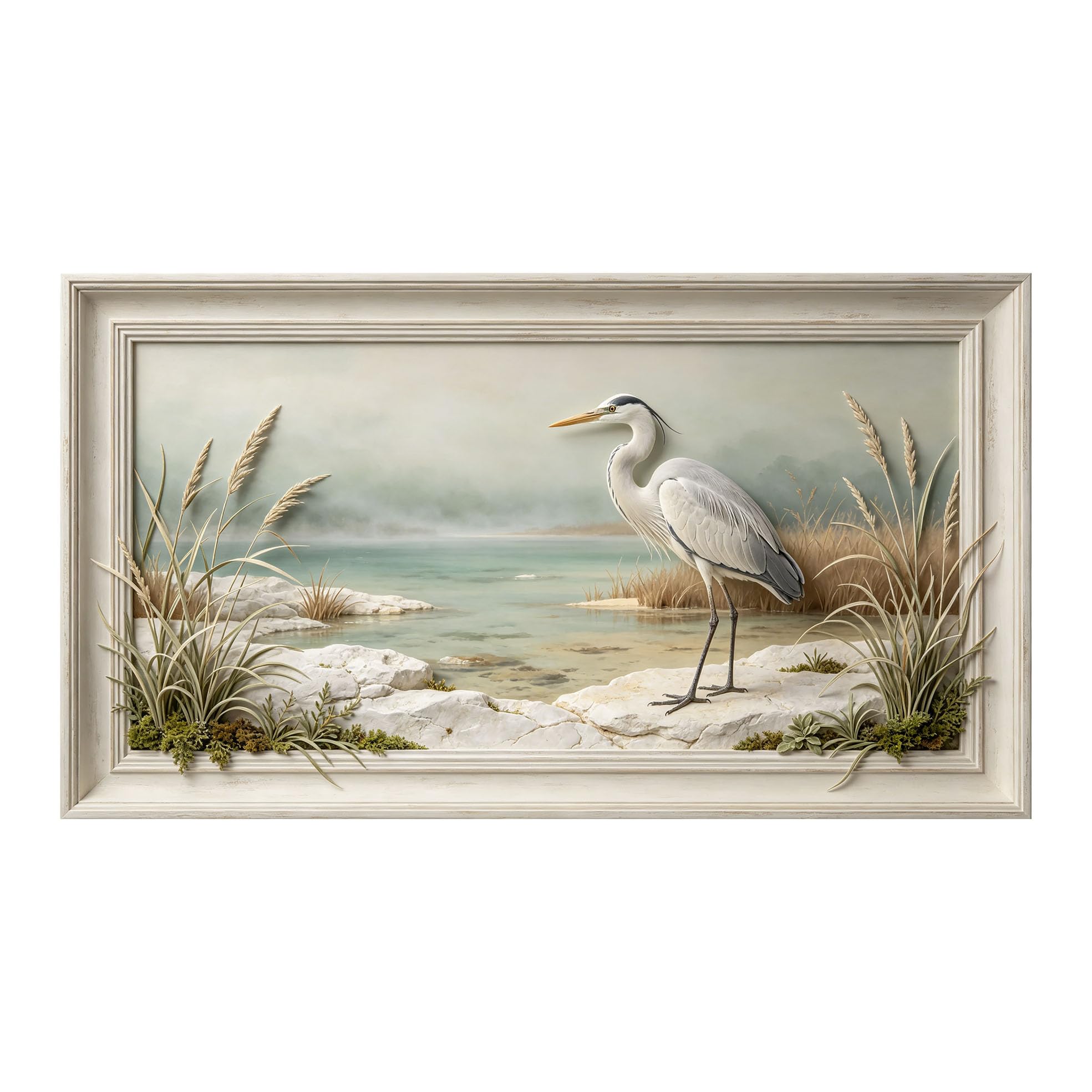 Murasolite 3D 3D Framed Wall Art 50cm×90cm Coastal Heron Seascape Oil Painting SelfAdhesive Fabric Mural Wall Decor, Peel and Stick No Damage to Wall for Bedroom Living Room
