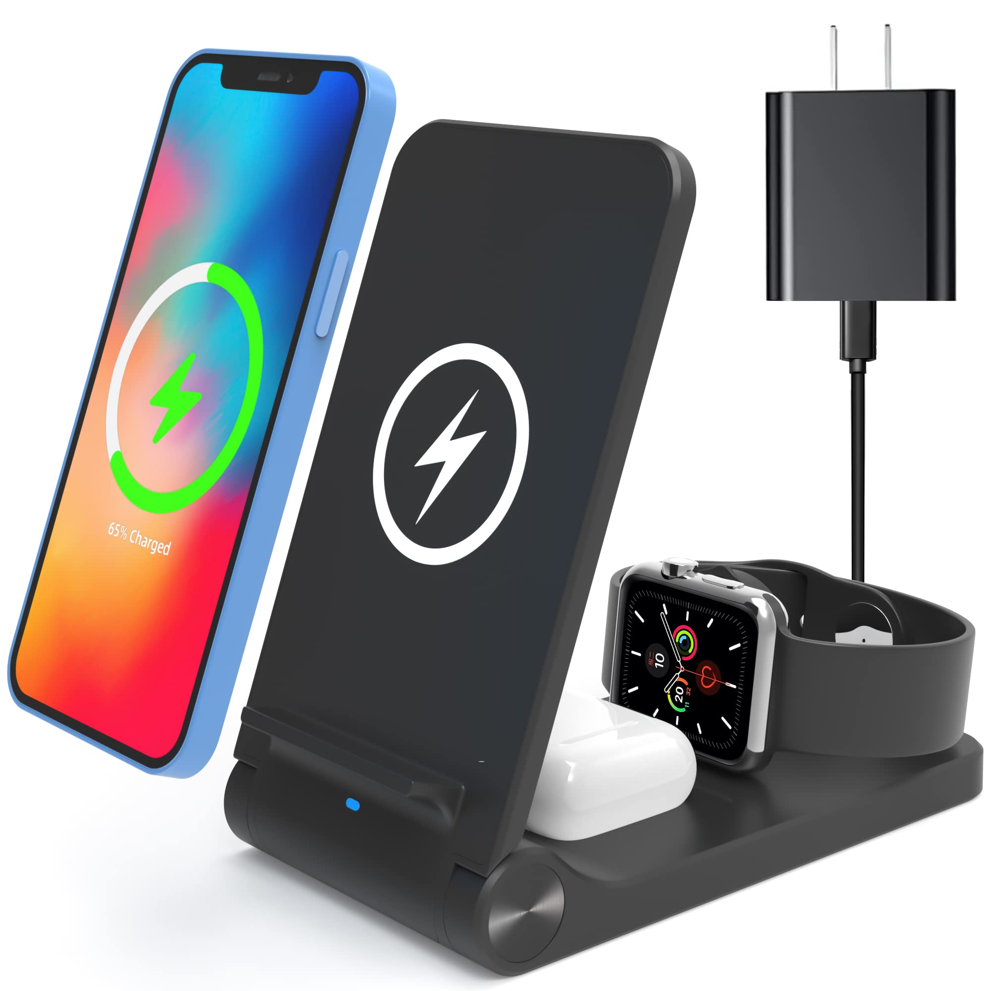 Wireless Charging Station, 3 in 1 Foldable Charger Compatible for iPhone 13/12/11/X/8 Series, Apple Watch 7/6/5/4/3/2, Airpods pro 3/2 and Other Qi-Enabled Phones with QC3.0 Adapter