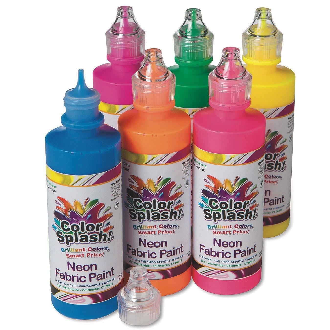 S&S Worldwide Color Splash! Neon Dimensional Fabric Paint Assortment, 6 Bold Colors, 4-oz Squeeze Bottles With Precision Tips, Create 3-D Designs on Fabric, Vinyl, Wood, and More, Non-Toxic Pack of 6
