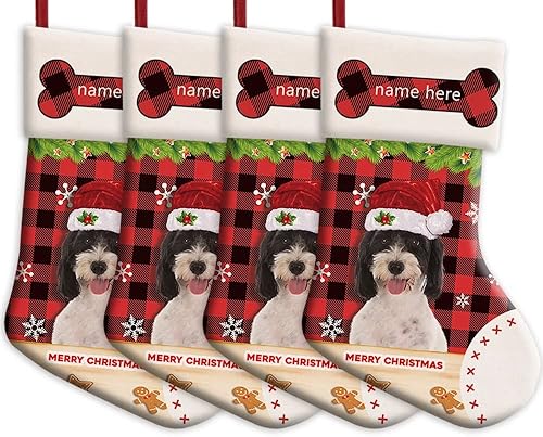Miniatura 8 de MALIHONG Paquete de 1 calcetín personalizable para perro labrador con sombrero de Papá Noel de búfalo rojo a cuadros copos de nieve, bolsa de regalo