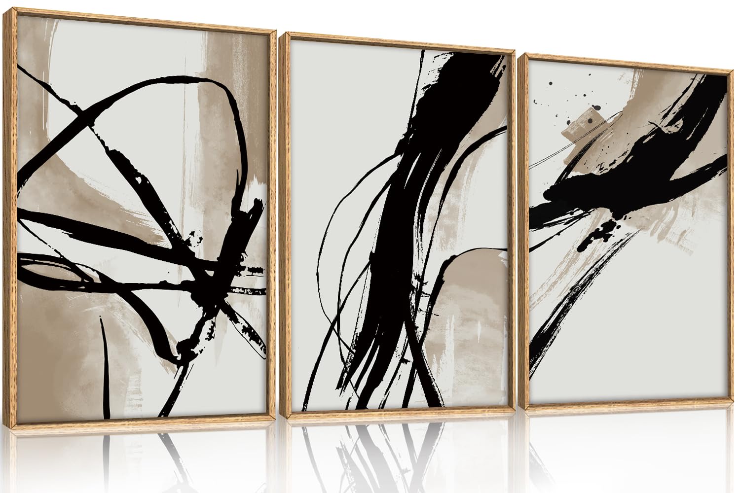 HOURIA Large Abstract Brush Stroke Line Framed Canvas Wall Art Set,Neutral Beige Wall Decor,Modern Black Ink Brush Stroke Line Art Print for Living Room, Bedroom, Office- 16"x24"x3
