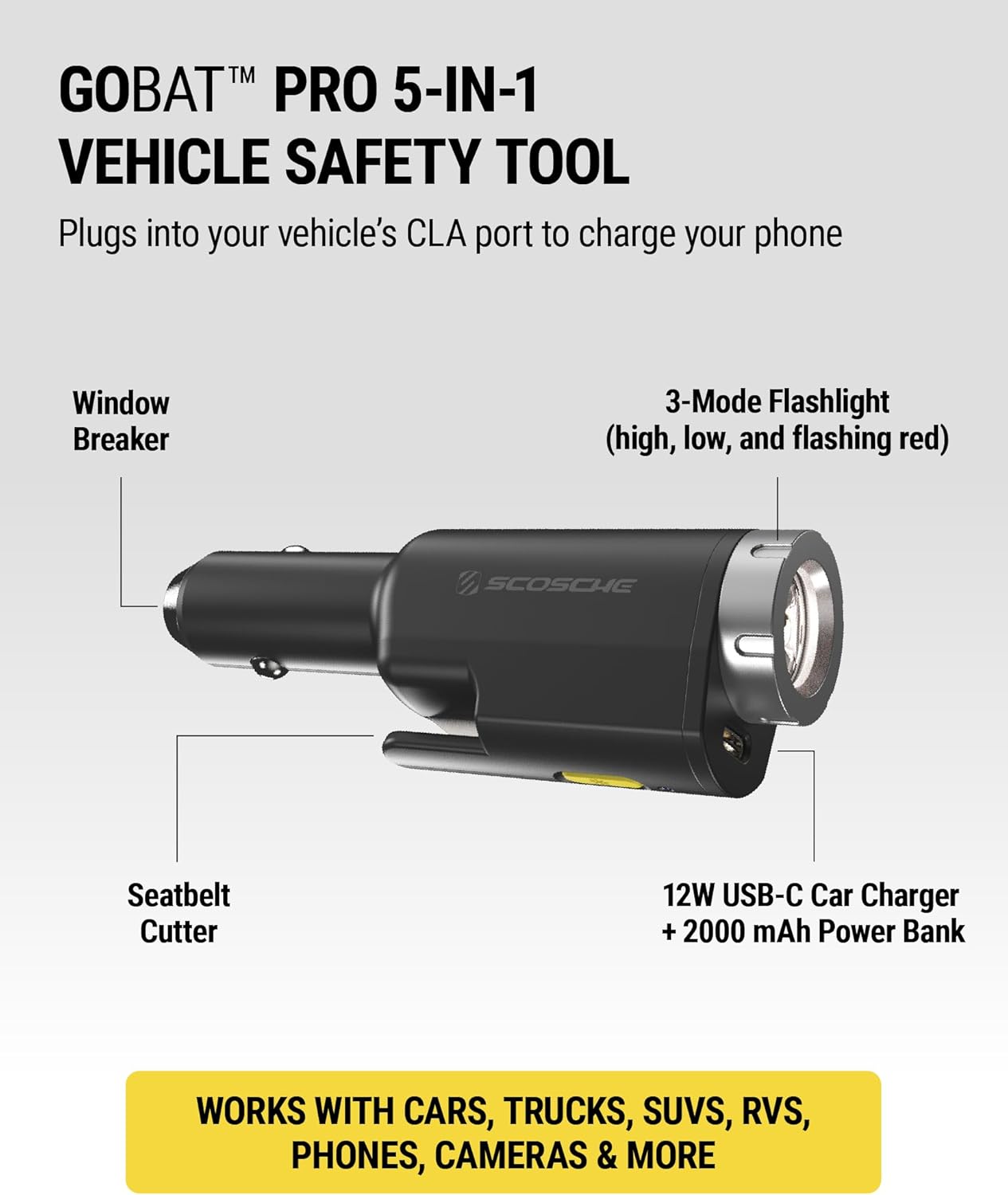 Scosche PB5N1 GoBat Pro 5-in-1 Vehicle Safety Kit, Emergency Car Escape Tool with Seatbelt Cutter, Glass Window Breaker, LED Flashlight, 12W USB-C Car Charger and Portable Power Bank