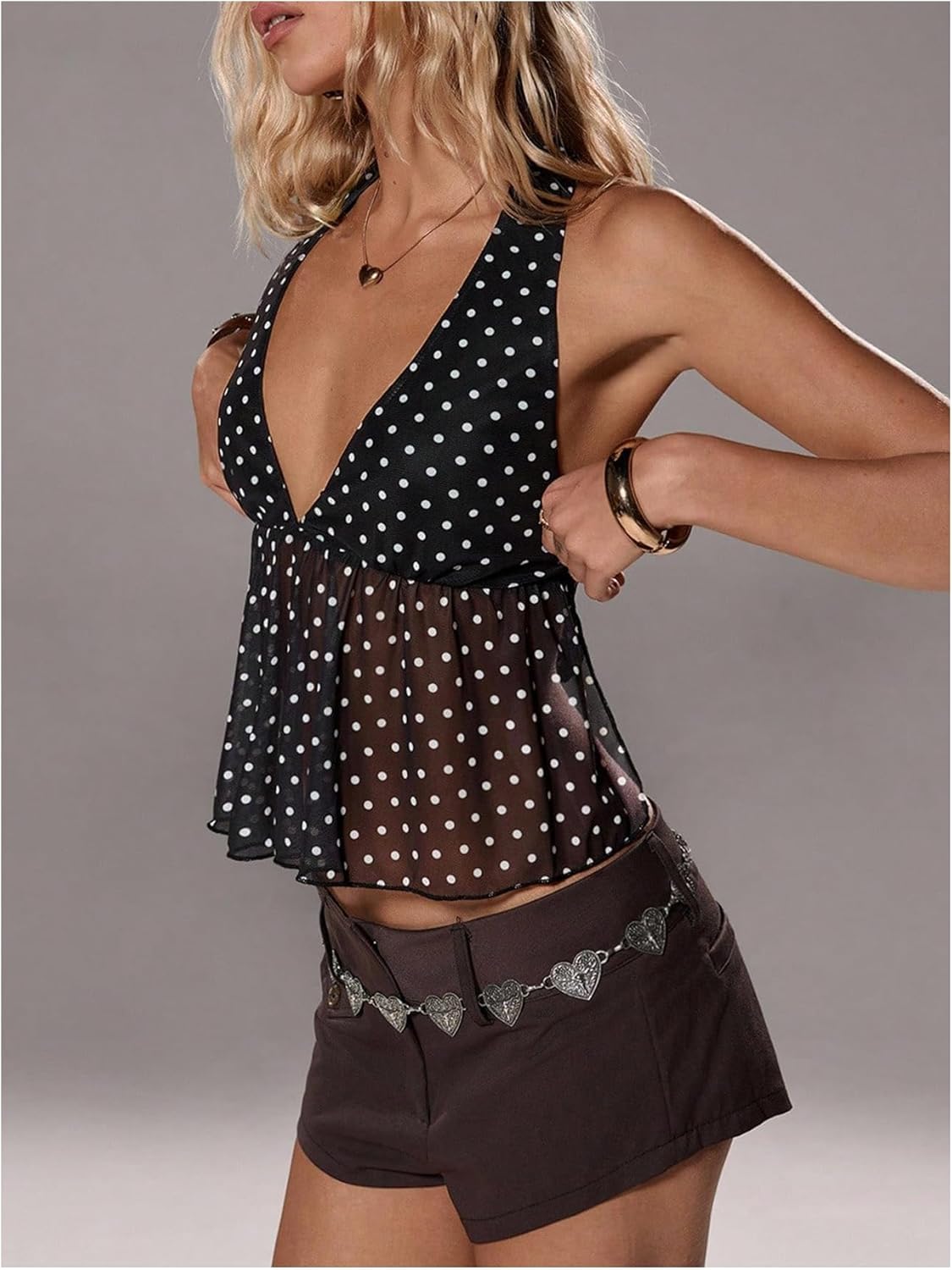 Milumia Women's Y2K Polka Dots Tie Backless Halter Top V Neck Ruffle Hem Peplum Going Out Crop Tank Tops - Image 2