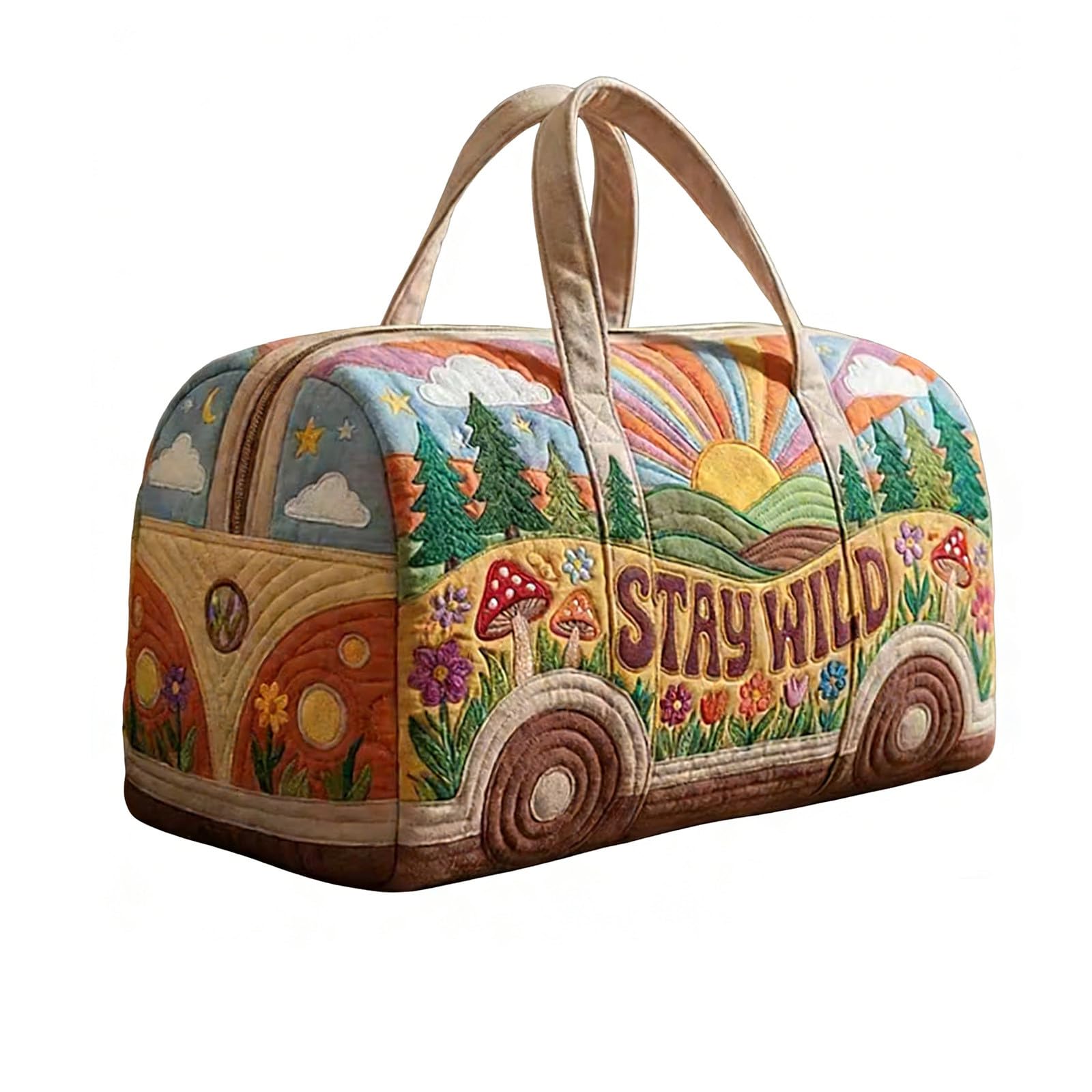 Travel Duffle Bag for Men Women, Hippie Van Quilted Duffle Bag Bohemian Embroidery Weekend Bags Funny Novelty Bags Boho Retro Handbag Carry On Tote Weekender for Short Trip Camping
