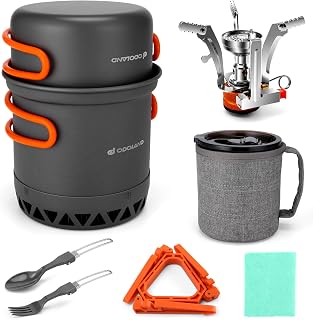 Odoland Portable Camping Cookware Set Equipment Heat Exchange Design with Gas Stove, Camp Pot Canister Stabilizer, Coffee Mug, Folding Utensil Set for Backpacking Outdoor Camping Hiking and Picnic