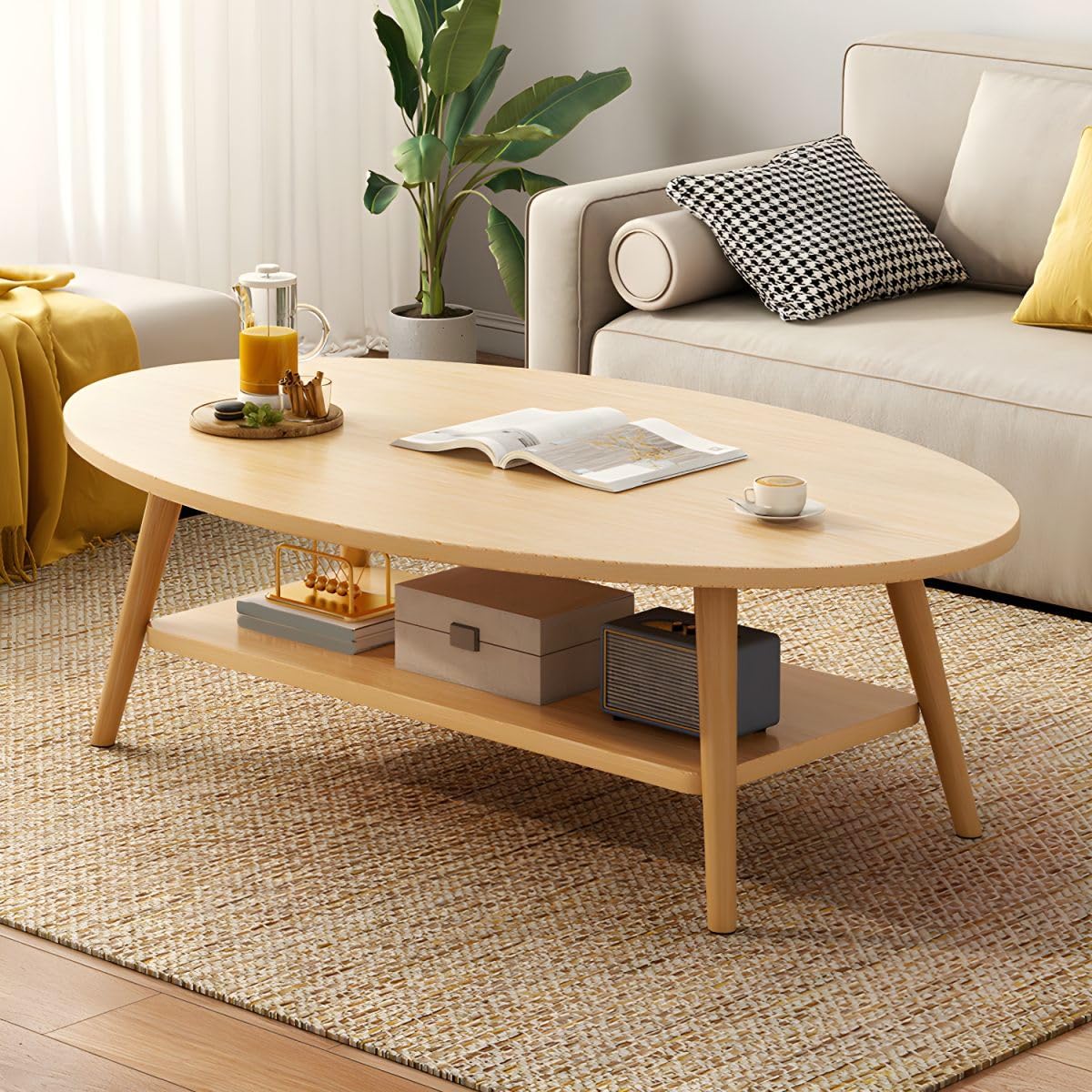 Modern Wooden Coffee Table Oval Design with Shelf Simple Standard Table for Apartment Living Room Natural Finish Perfect for Sofa & Balcony Use