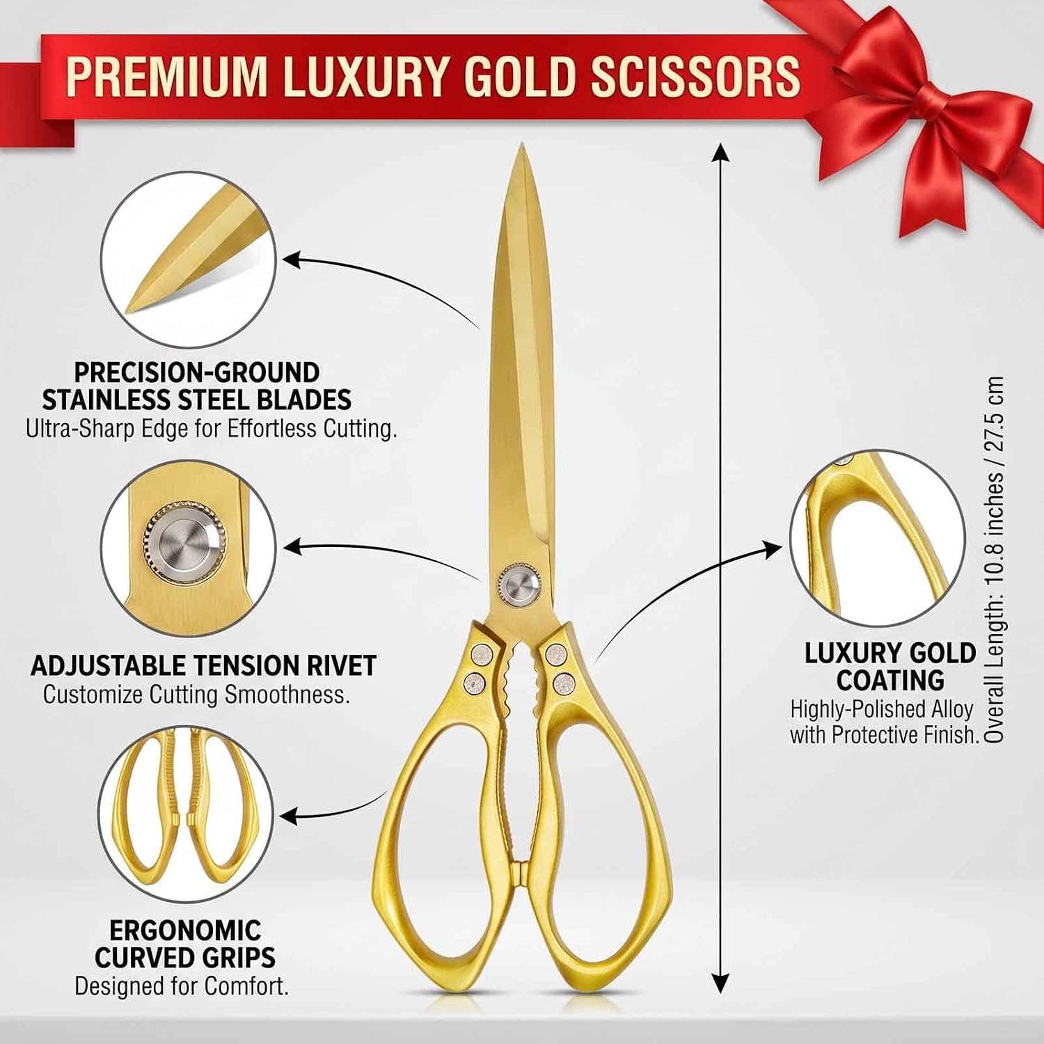 Grand Opening Ribbon Cutting Kit, 10.8 Inch Large Gold Scissors, Red Ribbon
