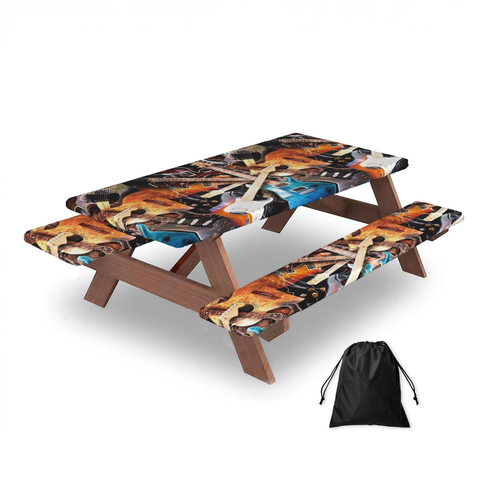 Dopklna As Picture Electric Guitar, Picnic Table Cover With Bench Covers -Waterproof Elastic Fitted Tablecloth For Garden Camping Patio 76X152cm
