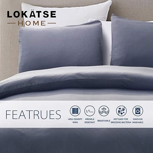 Miniatura 3 de LOKATSE HOME Juego de funda de edredón lavable de 3 piezas con 2 fundas de almohada suaves y cómodas, lavable a máquina (Queengris oscuro)