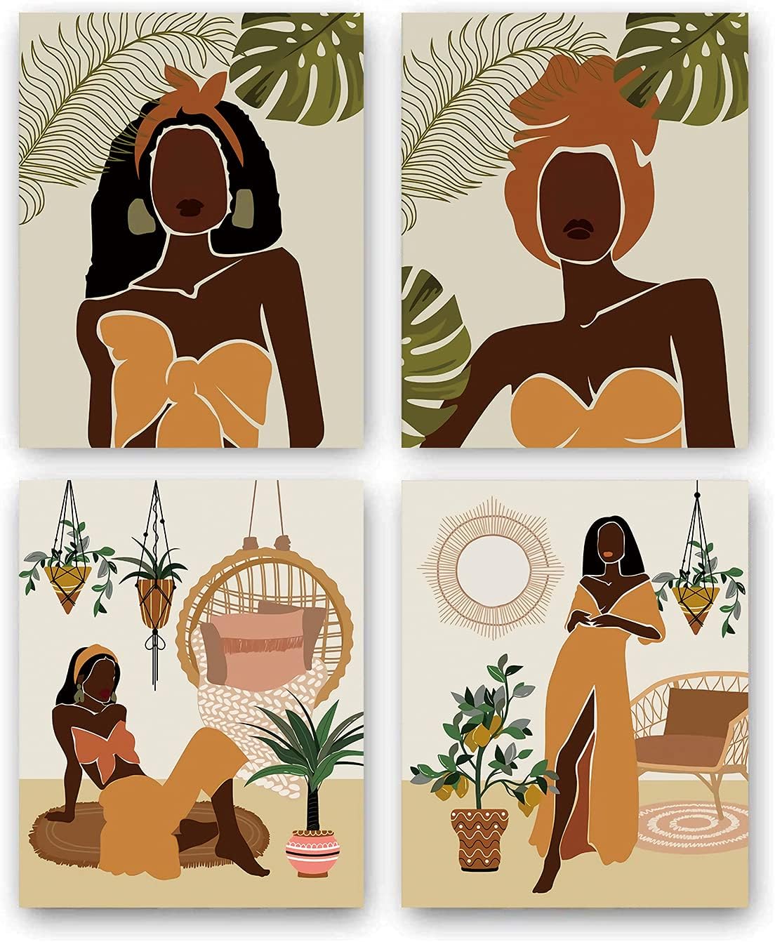 Unframed Modern Minimalist Black Woman Leaf Wall Art Set of 4,8x10 Inch