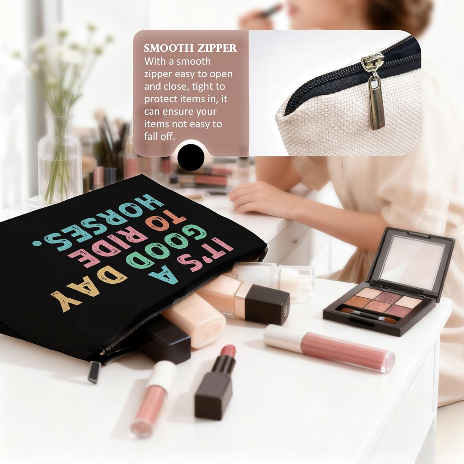 Retro Boho Horse Makeup Bag, Horse Lover Gifts for Women Cosmetic Bags, It's a Good Day to Ride Horses Makeup Zipper Pouch - Image 4