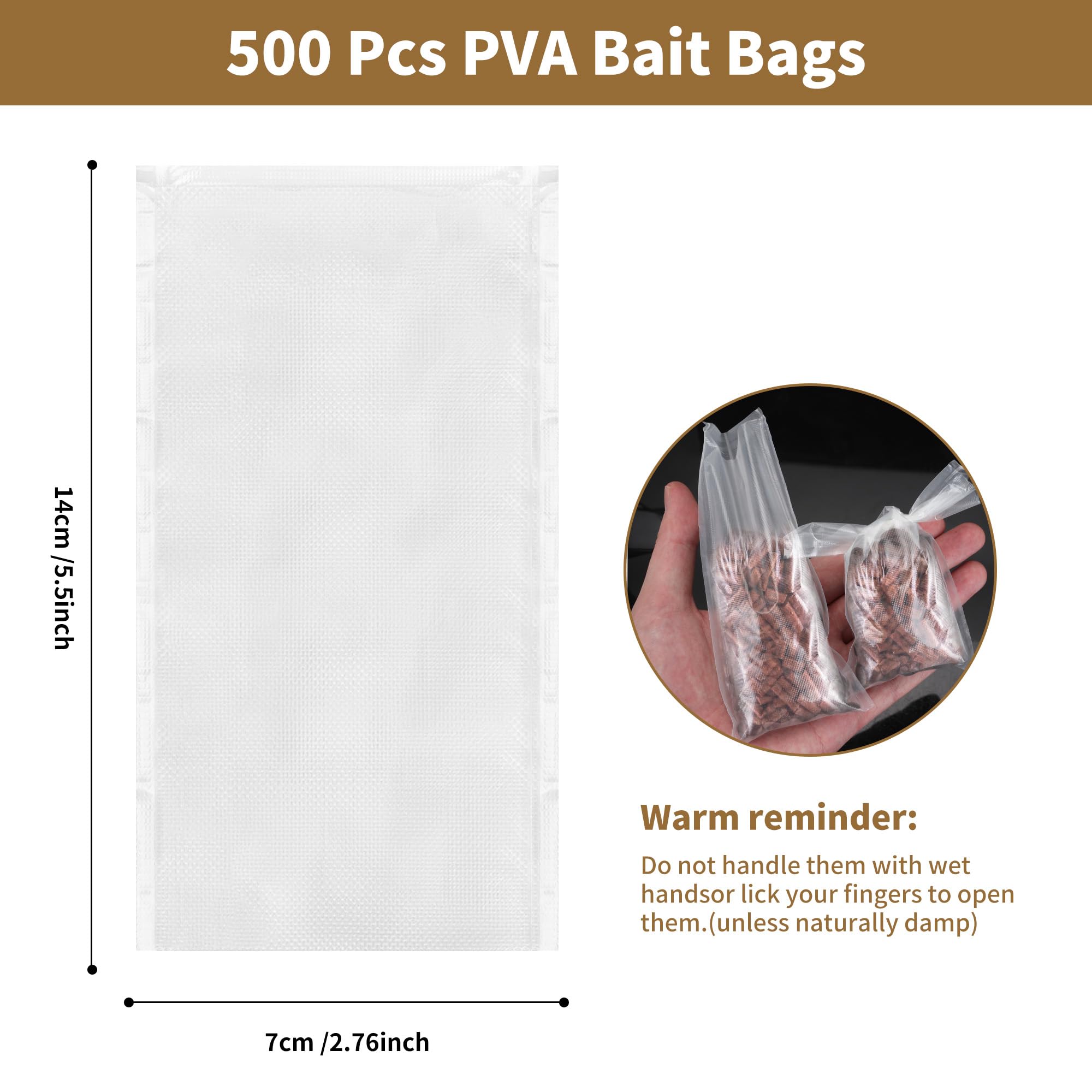 Lot de 500 sacs en maille PVA solubles dans l'eau pour pêche à la carpe, accessoires solides pour pêche à la carpe et bouillettes 7 x 14 cm