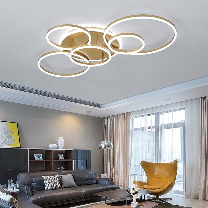 SENFAY LED plafondlamp dimbaar 115cm Woonkamerlamp met afstandsbediening,Gouden moderne ringvormige plafondlamp van 108W, 3000K-6000K, Slaapkamerlamp met nachtlampje en geheugenfunctie,Voor keuken restaurant photo 2