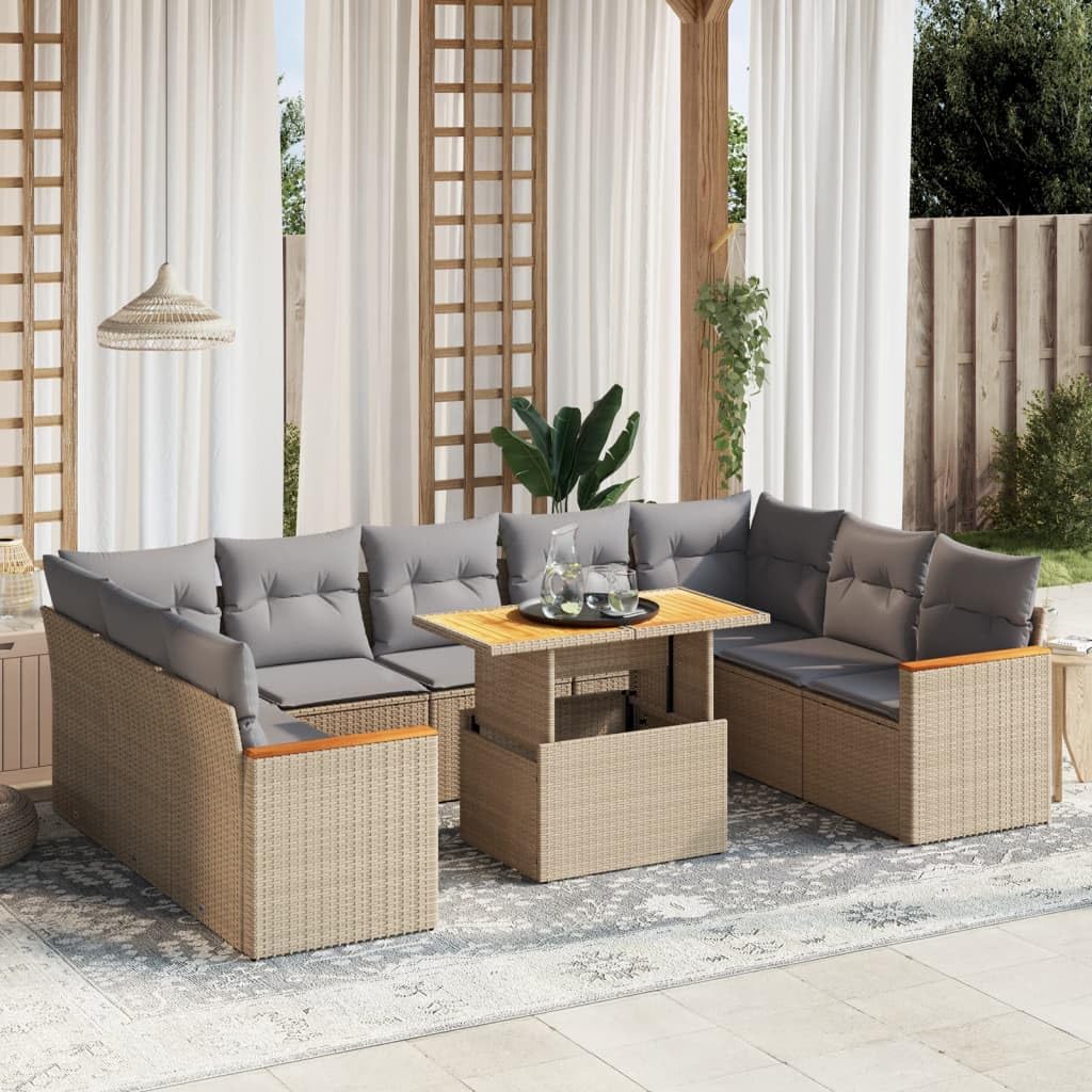 Set Divano da Giardino 10 pz con Cuscini Beige in Polyrattan,Set di Conversazione per Patio,Set Salotto da Esterno,Set Divano da Giardino Esterno-3273222