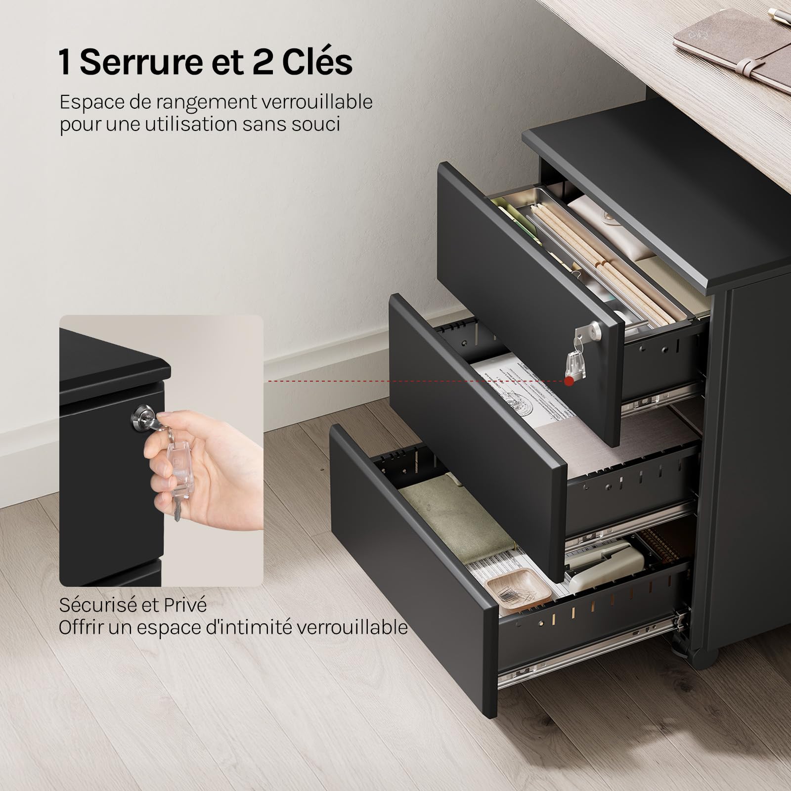 WOLTU Caisson de Bureau, avec Serrures et roulettes, Noir | Caisson de Rangement, pour Bureau Studio, en Métal avec 3 Tiroirs pour Dossiers