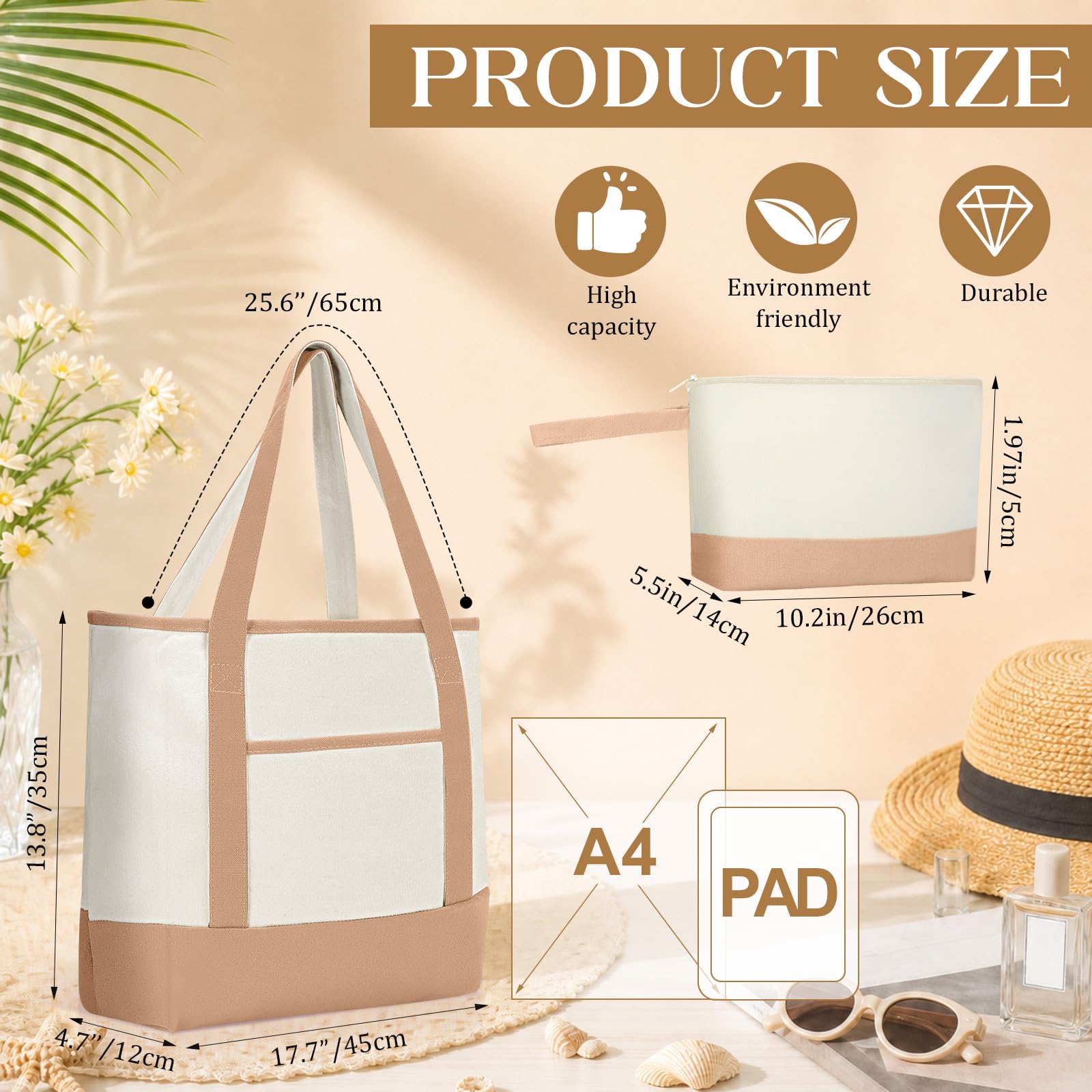 Sanwuta Canvas-Tragetaschen mit Außentasche und Make-up-Tasche, 45,7 cm, wiederverwendbare Einkaufstaschen mit Griffen, für Damen, Strand, DIY