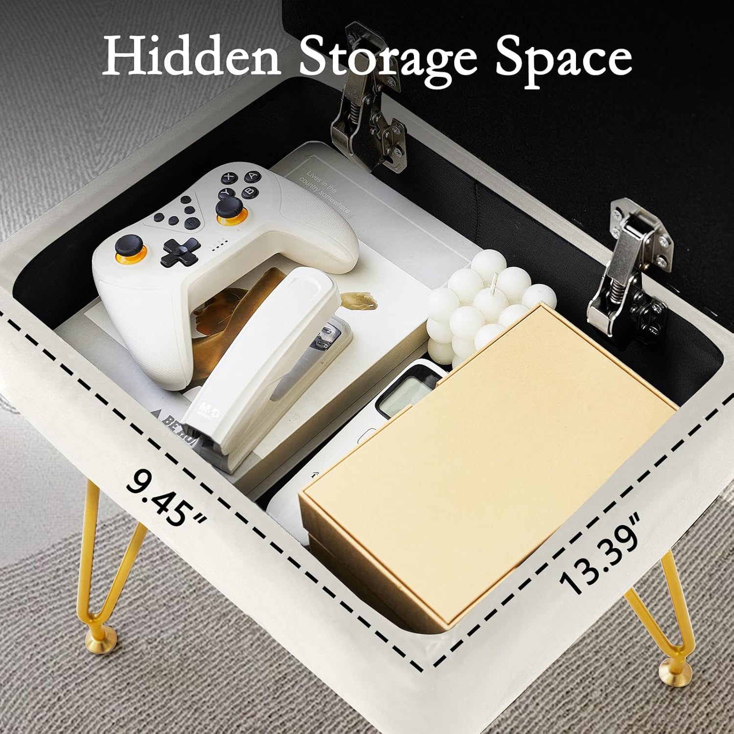 Vanity Stool Chair with Storage, Square Velvet Makeup Vanity Chair with Metal Legs & Adjustable Gold Feet, Flip Top Ottoman Foot Rest with Soft Padded Seat for Bedroom Living Room