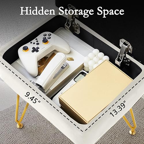 Miniatura 5 de Taburete de tocador con almacenamiento, silla cuadrada de terciopelo para maquillaje con patas de metal y pies dorados ajustables, reposapiés