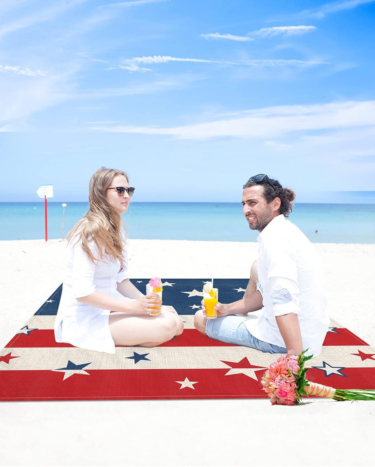 Beach Blanket 83x79in Independence Day Stars Red Stripe USA Flag Patriot Waterproof Sandproof Mat, Pentagram on Blue Vintage Linen Outdoor Picnic Mat Beach Accessories for Travel Camping Hiking