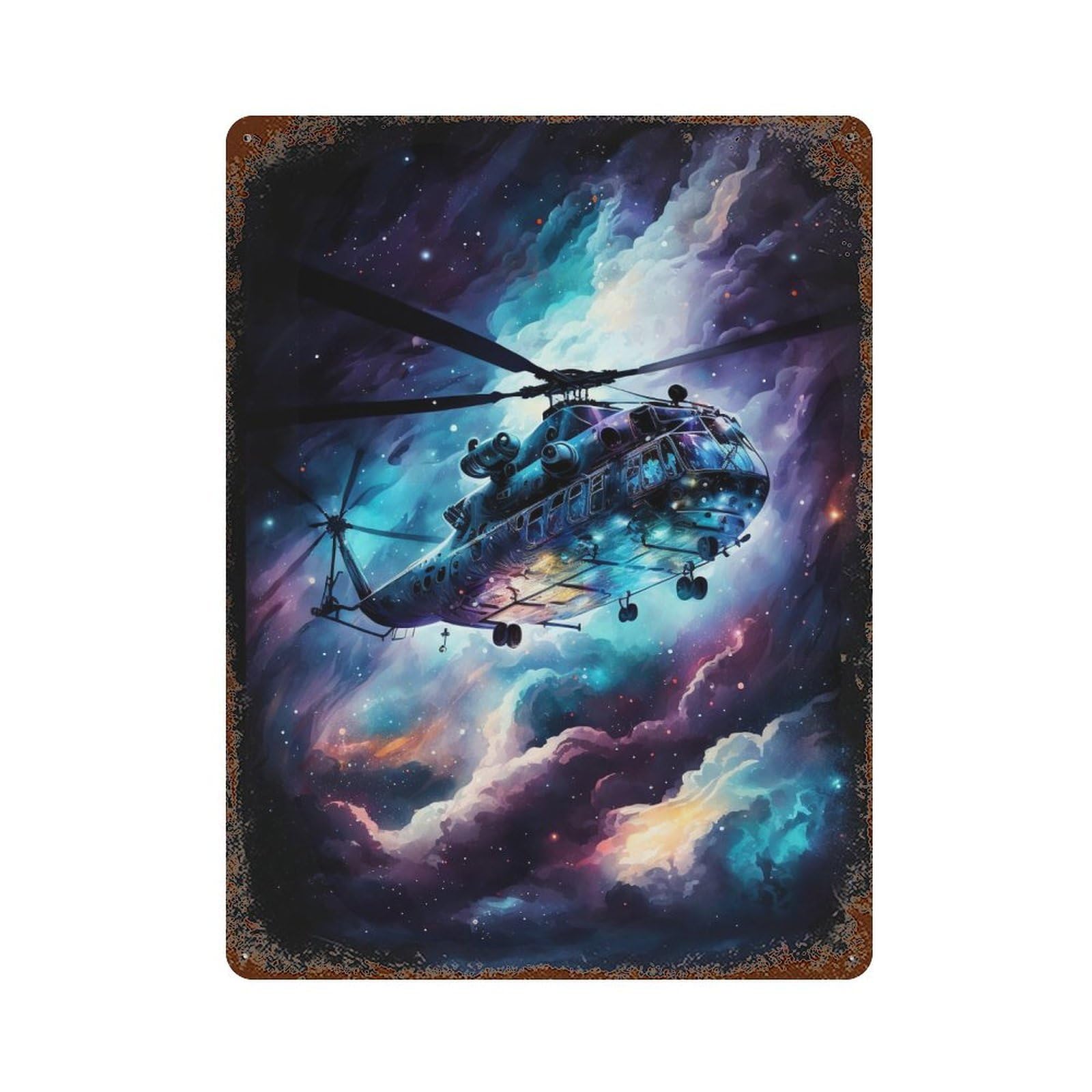 Rust Effect Galactic Helicopter Adventure -13 Distressed Metal Wall Sign 15.7"x11.8", Shabby Chic Decor for Pub, Kitchen And Man Cave Decor